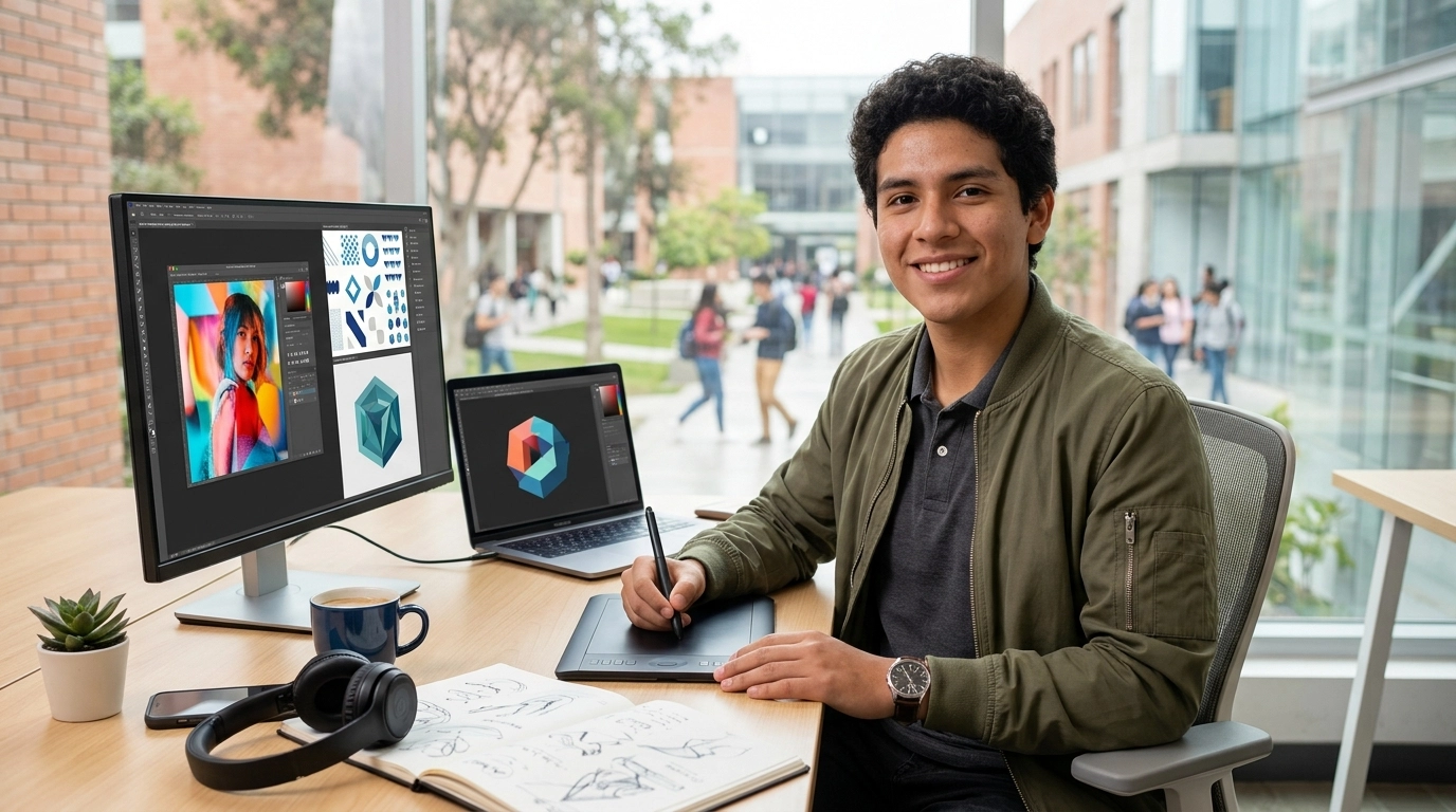 Estudiante ilustrando en sus programas de diseño gráfico